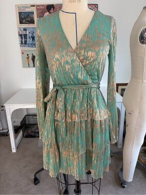 Shimmery Tiered Mini Dress Mint/Gold